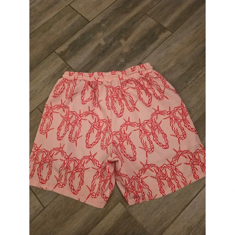 Pink Barbed Wire Print Swim Trunks Mens Small Red Chain Graphic Board Shorts